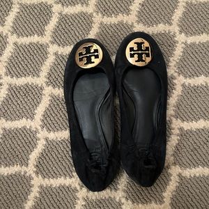TORY BURCH Navy Suede Logo Flats, size 8